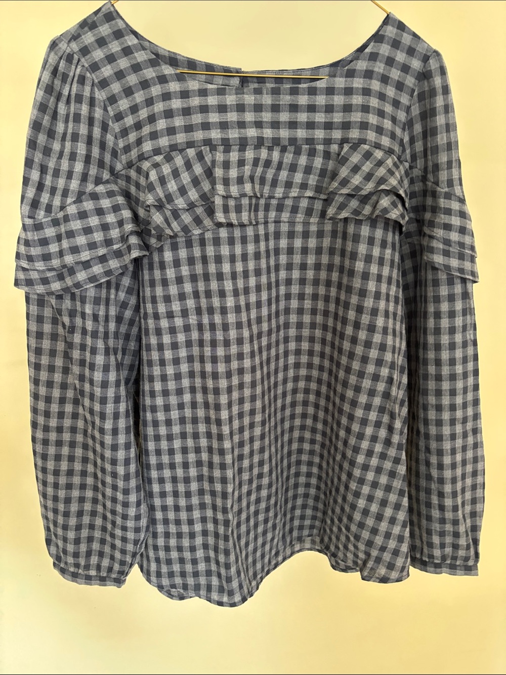 LOFT Black and gray Gingham Ruffle Yoke Long Sleeve Top
